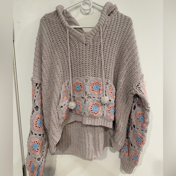 POL Taupe Knit Hoodie with Blue and Pink Accents